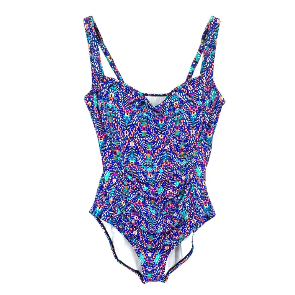 NWT Swim Solutions Sz 18 Tummy Control Shirred Tribal Print One Piece Swimsuit - Picture 2 of 9
